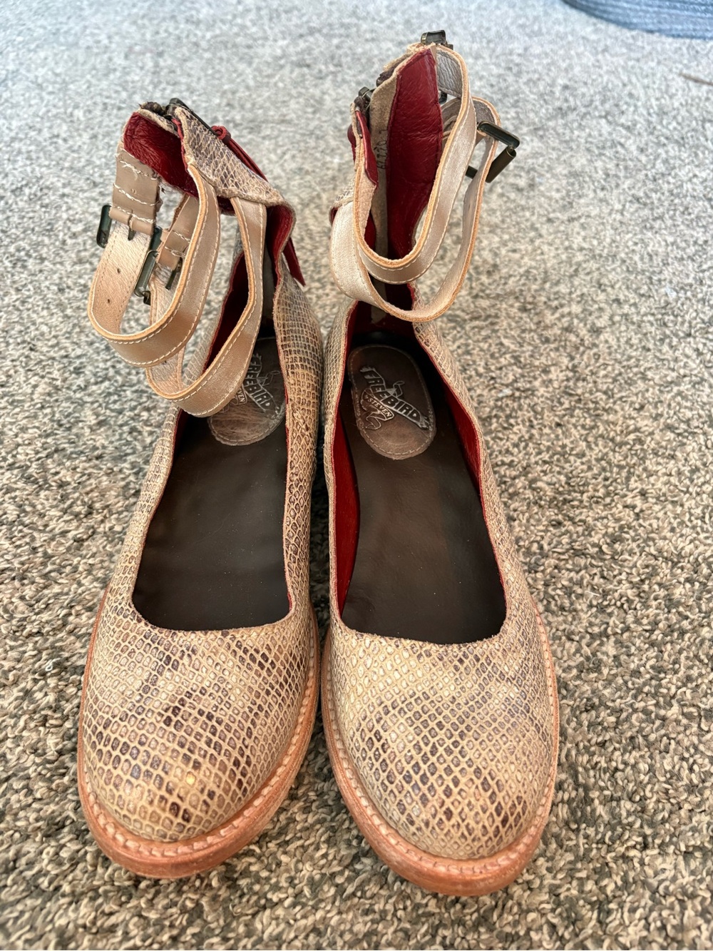 Freebird by Steven Beige Snake-Print Ankle-Strap Flats with Red Lining